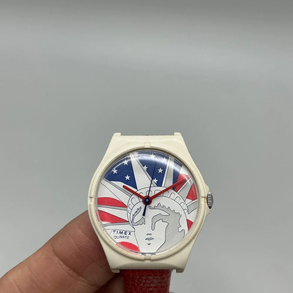Vintage Timex T Cell Womens Watch 26mm Liberty Flag Dial Red Leather New Battery